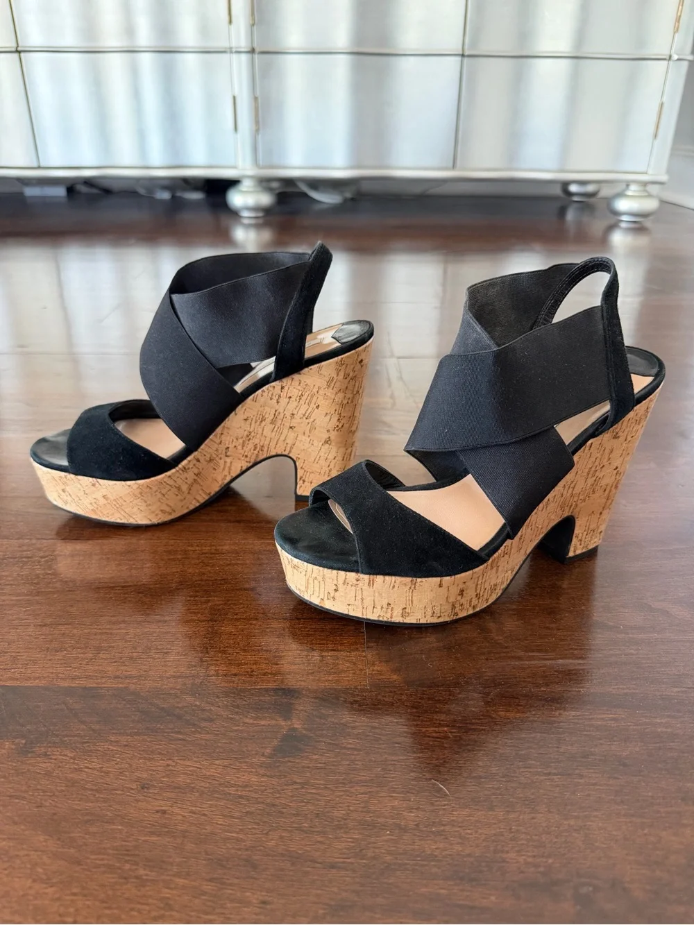 Diane von Furstenberg Black Cork Platform Sandals in Black, Size 38.5 (8.5)